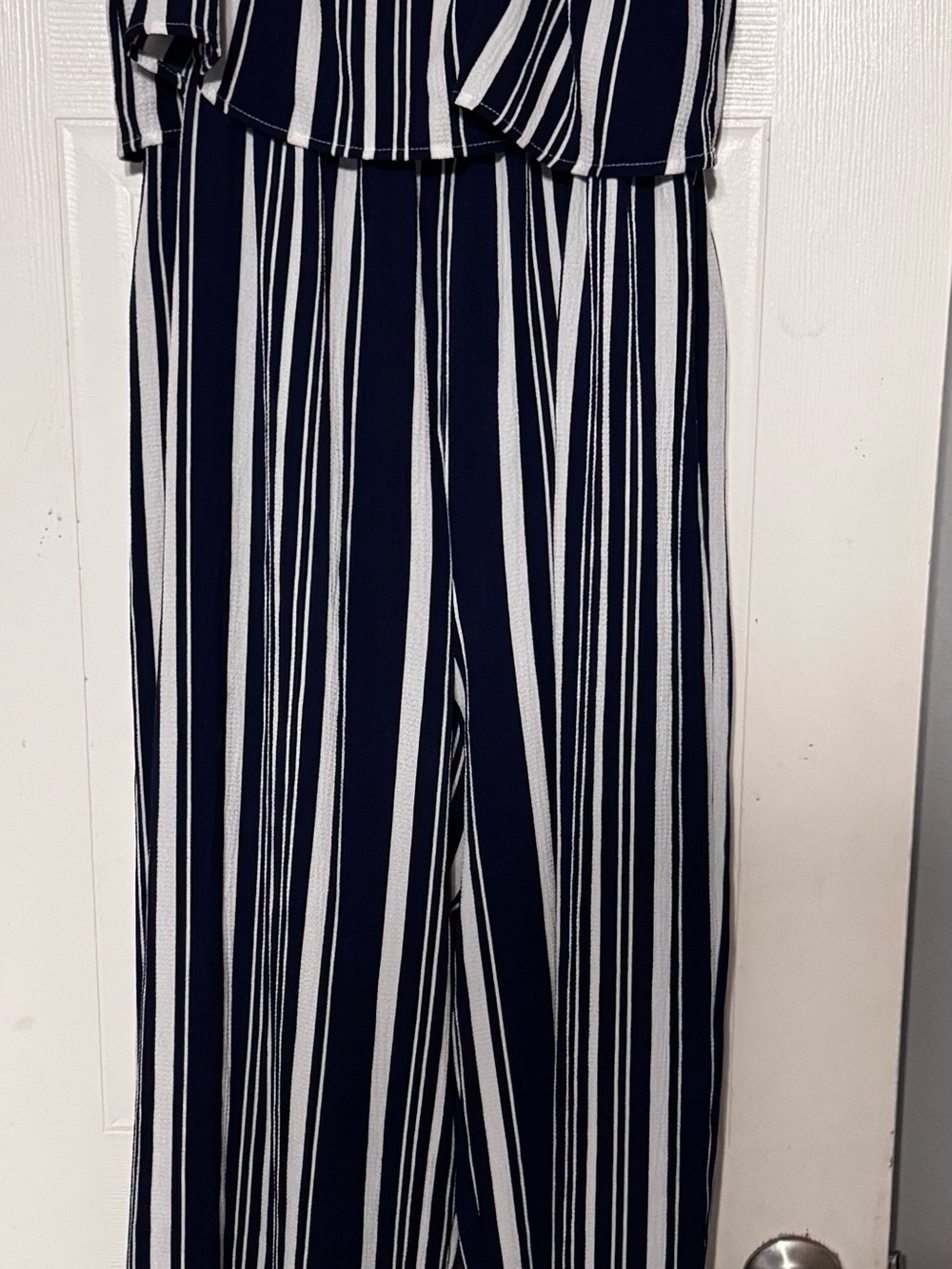 Time and Tru Navy & White Vertical Stripe Wide-Leg Jumpsuit